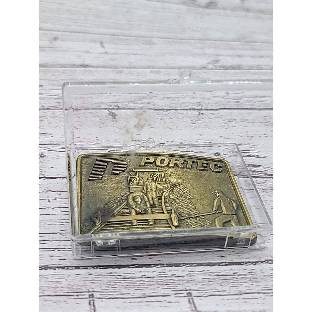 Vintage Portec Railroad Track Belt Buckle Construction Figural Gold Tone